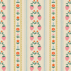 Colorful vintage flower art seamless pattern illustration. Retro nature floral background in hand drawn style. Spring season strawberry decoration texture, nature textile drawing print.