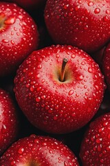 A close-up image of vibrant red apples with water droplets, highlighting their freshness and vivid color. Leaves accompany the apples, adding a natural touch.