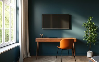 A modern bedroom interior with a dark slate blue wall, a contemporary desk, and a TV mock-up hanging on the wall. 