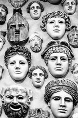 Obraz premium Ancient Greek masks. Traditional theatrical masks. Black and white image.
