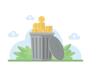 Coins thrown in the trash can. The collapse of a dollar or other currency. Metal trash can with discarded money. Flat design. Vector illustration on white background.