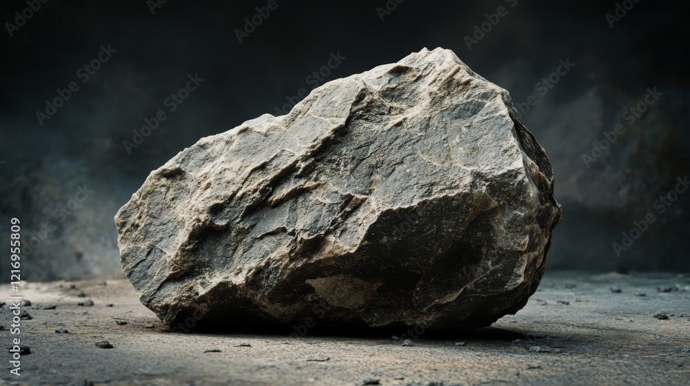Poster rough single rock with visible fracture lines on a dark surface