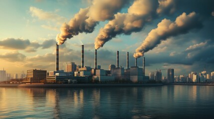 Factory landscape with smokestacks releasing pollution during sunset reflecting on water