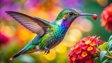 Obraz premium Hummingbird Feeding: Bokeh Blurred Background Stock Photo