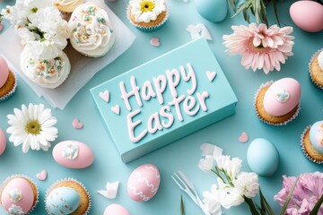 Happy easter celebration with colorful eggs and cupcakes on light blue background.