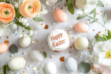 Fototapeta premium Happy easter text with colorful eggs, cupcakes, and daisies on blue background.