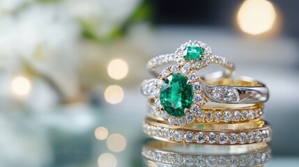 Exquisite Emerald and Diamond Engagement Ring Set Against Blurred Backdrop