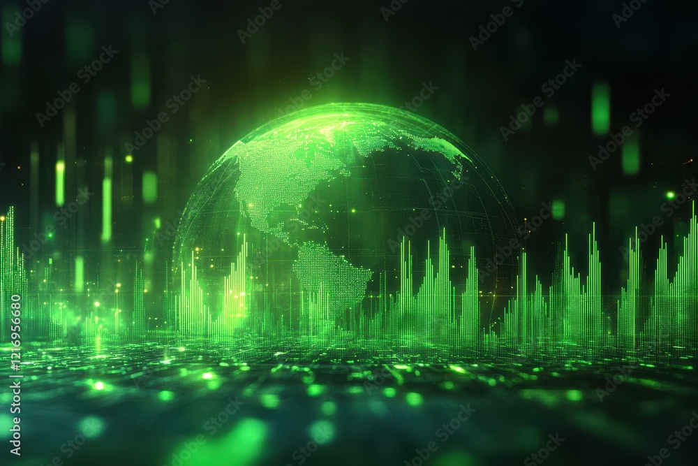Poster green digital globe with data streams. illustrates global data flow, network, or technology.