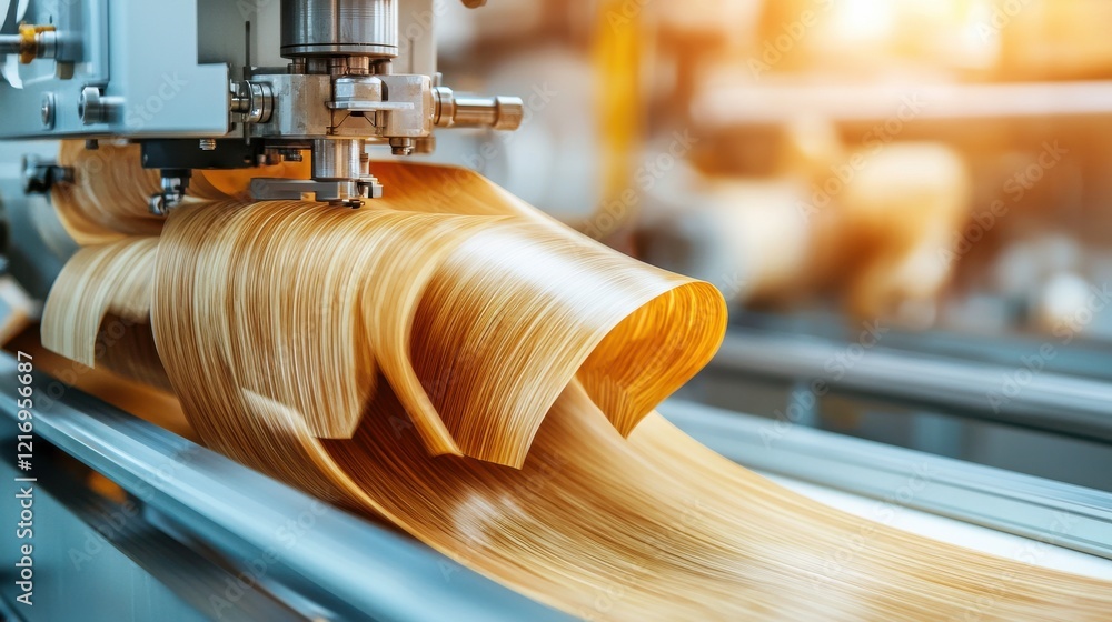 Poster close up view of a modern industrial metalworking lathe machine in a factory workshop setting