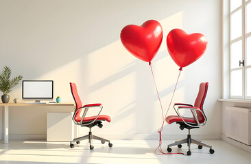 Modern office space with red chairs and heart-shaped balloons, creating a romantic atmosphere perfect for Valentine's Day workplace decor or love-themed advertising. Selective focus