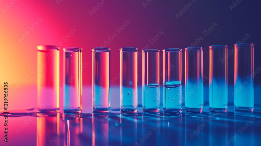 Poster row of transparent test tubes in a science laboratory with liquid droplet falling from dropper in ma