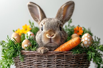 Easter Bunny Basket: An adorable brown rabbit sits nestled in a wicker basket filled with colorful Easter eggs and a juicy carrot, radiating springtime joy and celebrating the arrival of Easter.  