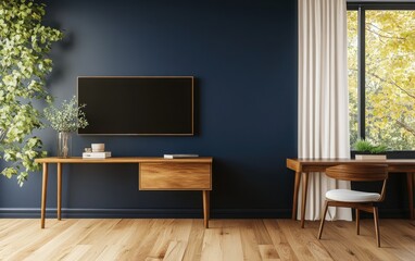 A stylish bedroom with a deep navy blue wall, a sleek desk, and a TV mock-up on the wall. The side window view adds natural light to the scene