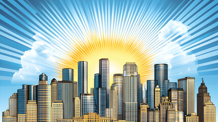 Obraz premium Vibrant cityscape at sunrise, sunburst effect, stylized illustration of modern city skyline, skyscrapers, buildings, urban scene.