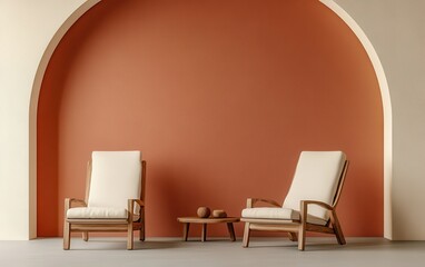 Two lounge chairs in front of a warm terracotta and beige arched wall, with a light gray floor underneath. The space is decorated with modern spa-style furniture, soft lighting filling the room