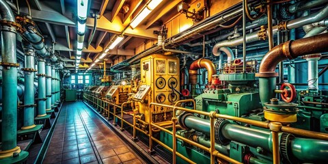 Fototapeta premium Industrial Ship Engine Room: Powerful Machinery & Complex Systems