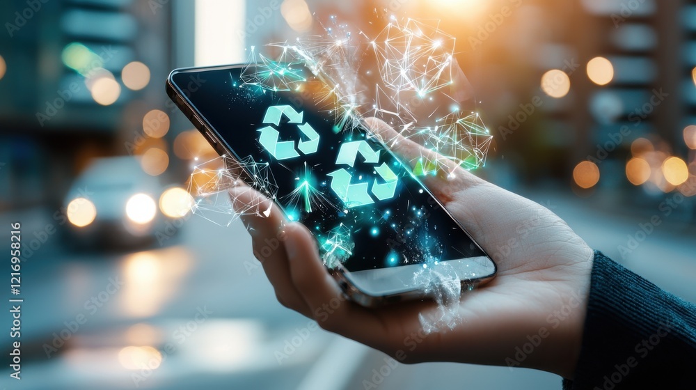 Aufkleber glowing digital device with sparkling energy pattern in hands