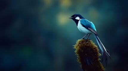 Obraz premium A vibrant blue and white bird perches majestically on a moss-covered branch against a dark, moody background. Perfect for nature, wildlife, or ornithology projects.