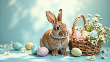 Cute Brown Easter Bunny Near Wicker Basket with Festive Eggs and Spring Flowers, Light Blue Background