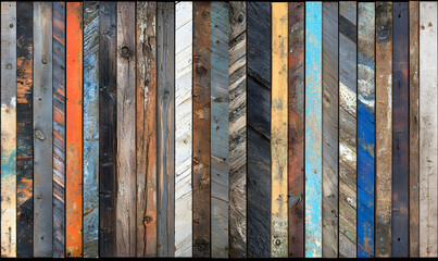 Vibrant collection of reclaimed wood planks, various colors & textures, perfect for rustic backgrounds or design projects.