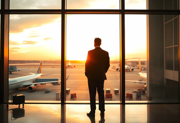 Fototapeta premium silhouette of businessman walking towards city skyline, golden sunset sky, urban landscape, briefcase in hand, back view, dramatic lighting, ambitious, career goals, cityscape horizon, skyscrapers, 