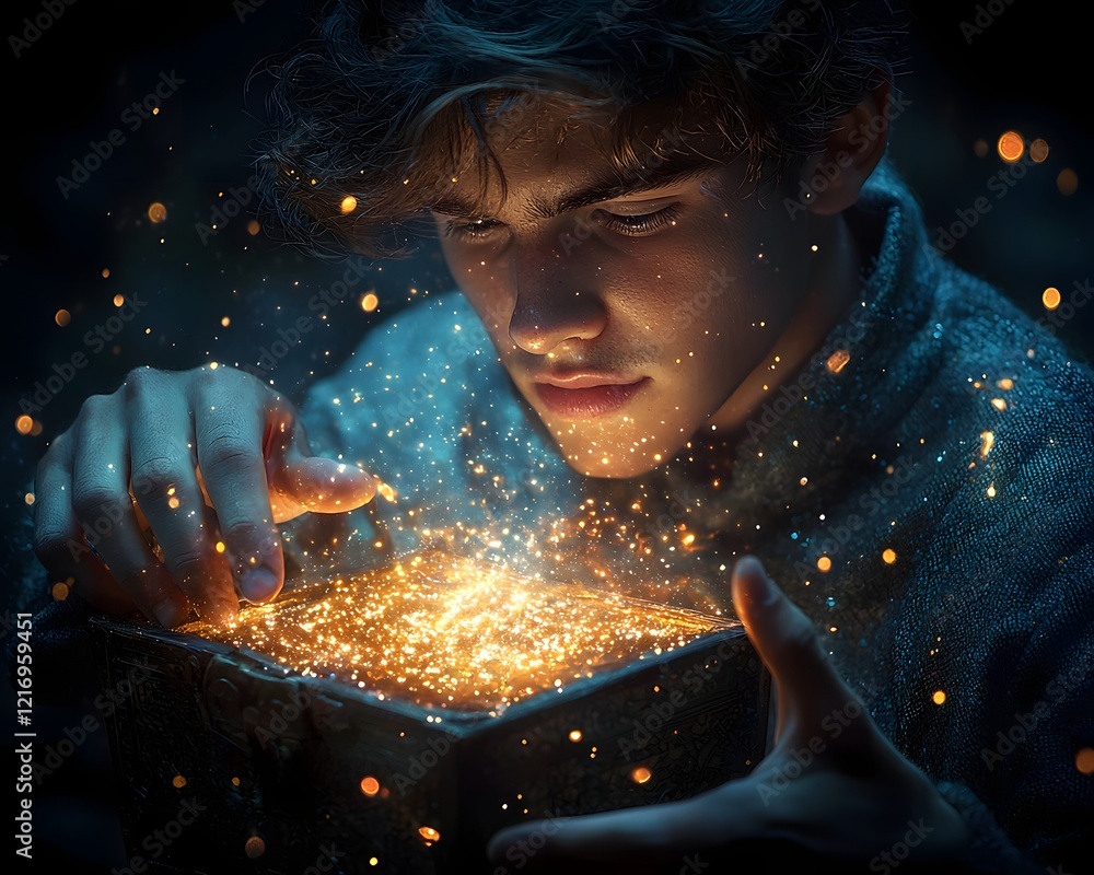 Aufkleber a student unlocking a glowing chest of knowledge from which dreams and ambitions pour out like strea