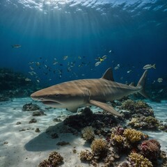 Naklejka premium A gentle nurse shark resting on the ocean floor surrounded by sea life.