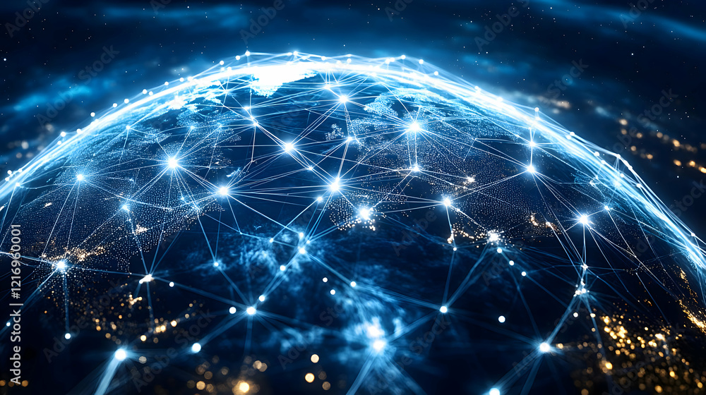 Poster global network connections: a digital world map illuminated by data streams