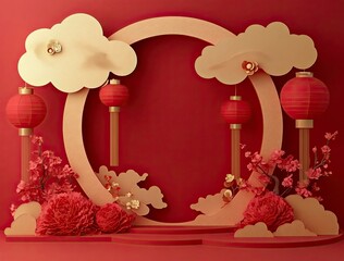 Chinese New Year background with golden paper-cut clouds, lanterns, and flower decorations on a red color with a circular frame for product presentation template design. Black background, Vivo phone p