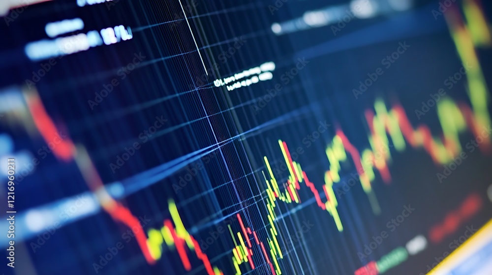 Poster a financial graph with a red and green line chart on a computer screen.