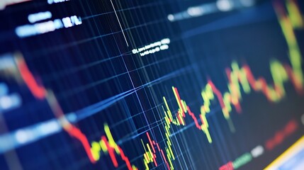 A financial graph with a red and green line chart on a computer screen.