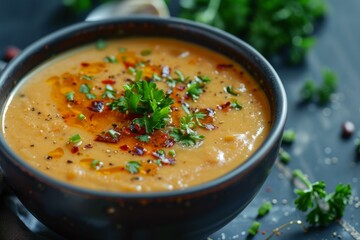Comforting bowl of soup is being seasoned with fresh herbs and spices