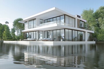 Fototapeta premium Modern House Surrounded by Water and Nature