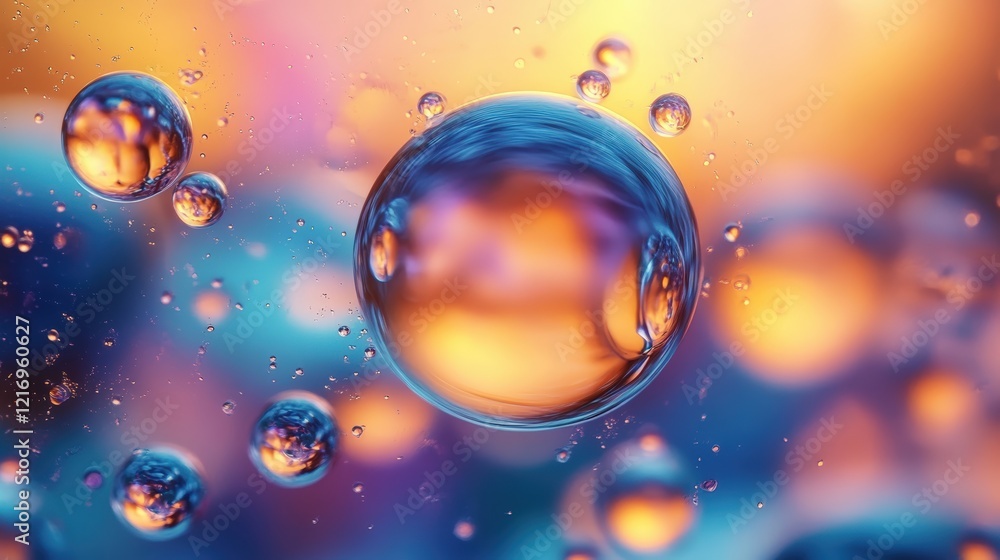 Poster colorful bubbles in a vibrant background with soft light reflections creating a dreamy atmosphere fo