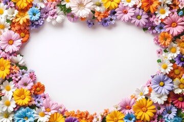 A circular frame of colorful spring flowers with copy space, real flower photo, flowers border white background 