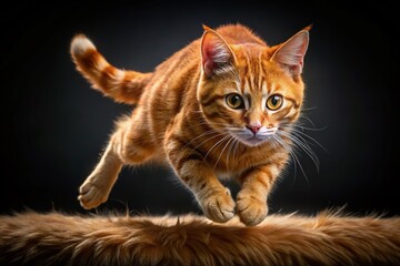 Obraz premium Jumping Orange Tabby Cat, Isolated Macro Photography, Feline Action Shot, Pet Image