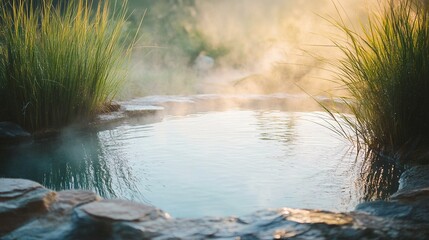 Obraz premium Tranquil wellness retreat view of steaming natural hot spring surrounded by golden grass and mountains