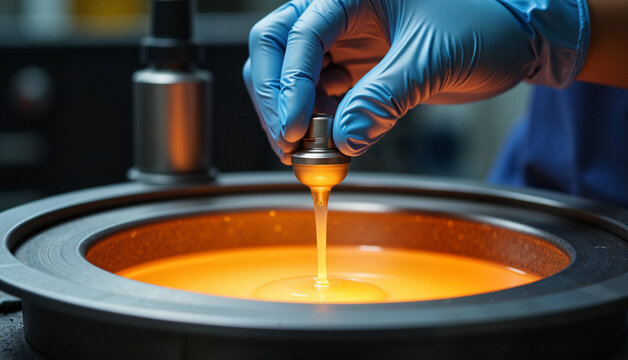 Close-up of skilled technician performing electroplating with orange solution in laboratory