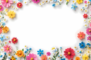 A circular frame of spring flowers with copy space, real flower photo, flowers border white background 