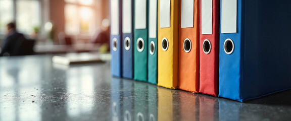 Colorful office binders on reflective surface