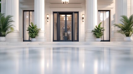 Fototapeta premium Elegant entrance of a grand building with tall columns and symmetrical potted plants, reflecting a serene and luxurious atmosphere.