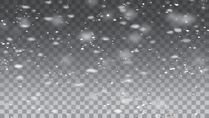Vector snow falling from above. Snowfall on isolated transparent background.
