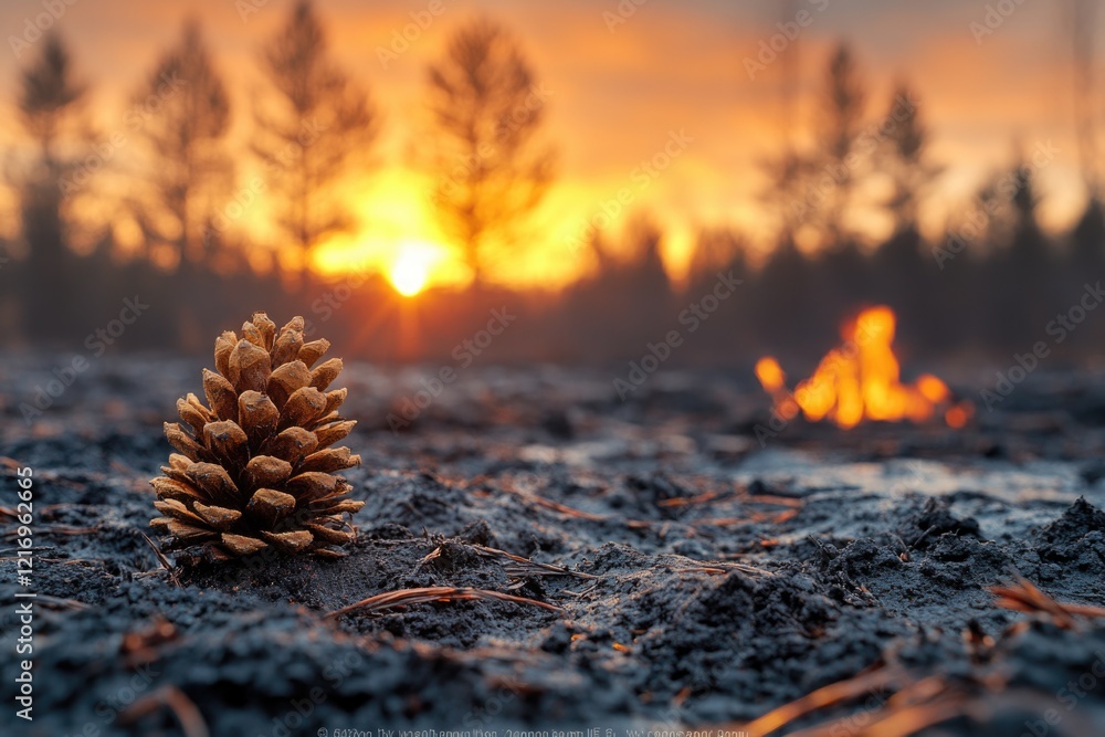 Poster a single pine cone sits in the middle of an open field, surrounded by grass and possibly some wildfl