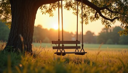 Romantic couple's swing hanging from tree at sunset with warm golden light