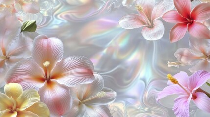Naklejka premium Colorful hibiscus flowers on iridescent background with soft petals