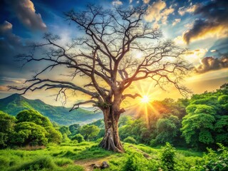 Fototapeta premium Lone Dying Tree in Lush Green Forest - Nature's Cycle of Life and Death Stock Photo