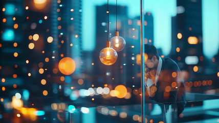 businessman in suit reflects thoughtfully against city skyline, illuminated by warm lights. scene captures blend of urban sophistication and introspection