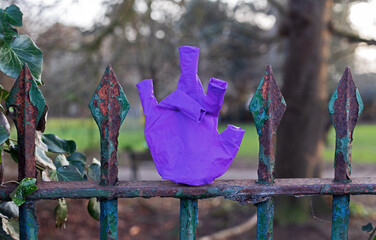 A discarded disposable rubber glove on rusted park railings