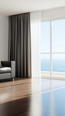 Fototapeta premium A modern living room with sleek design, featuring a black sofa, floor-to-ceiling window, and a view of the ocean. Natural light brightens the wooden floor.