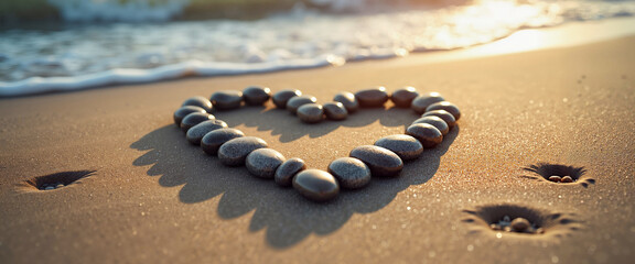 Stone heart on beach at sunset with footprints